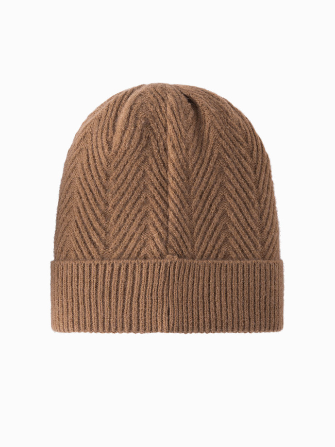 Men's knitted sweater weave cap with patch - light brown V4 OM-ACWH-0122