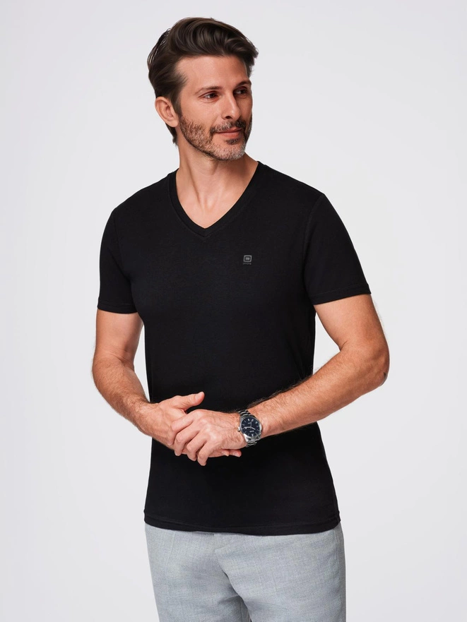 Męski T-shirt V-NECK z elastanem - czarny V3 OM-TSCT-0106