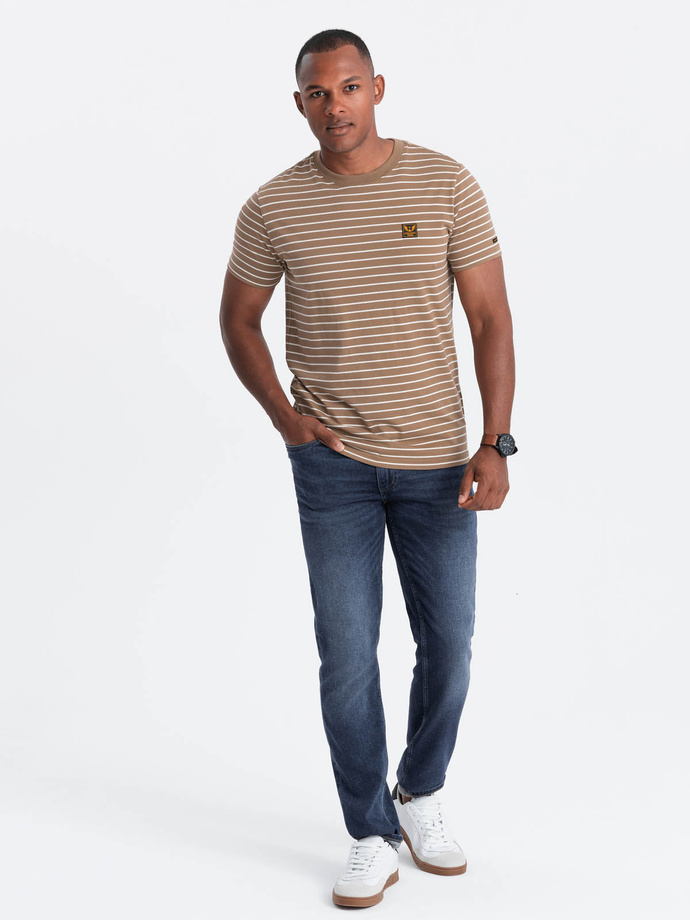 Men's striped t-shirt with Ombre Design patch - brown and white V7 OM-TSCT-0183