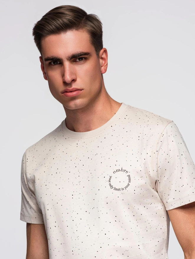 Men's printed cotton t-shirt with round neckline - beige V2 OM-TSFP-0186