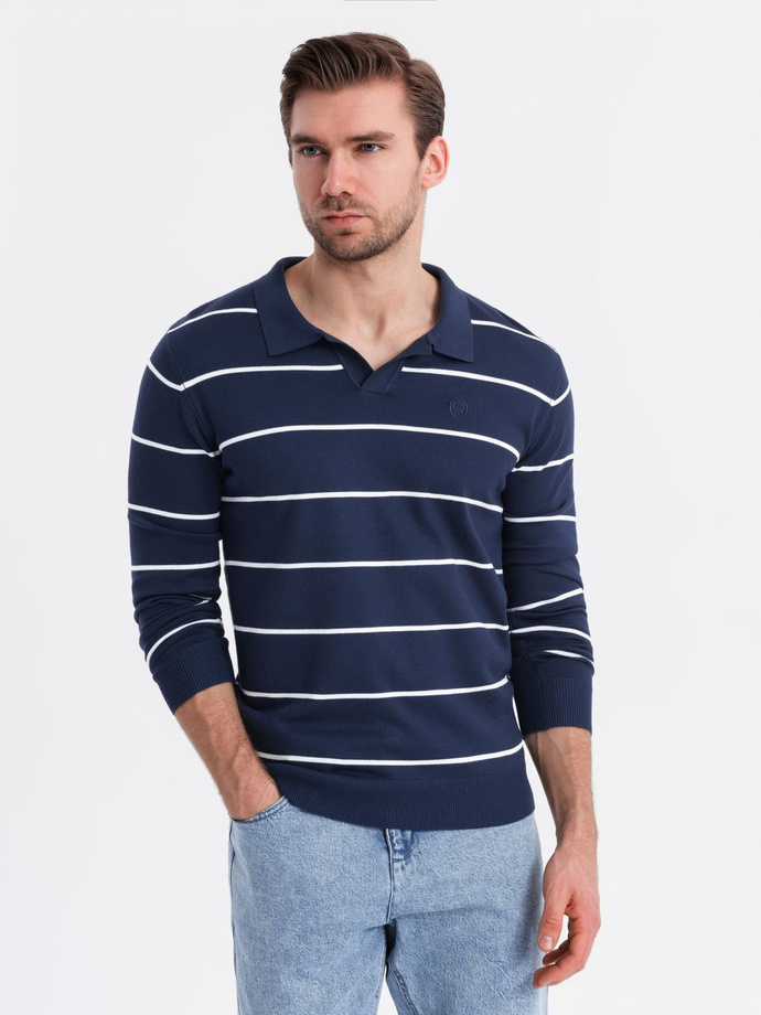 Men's horizontal striped polo longsleeve with viscose - navy blue and white V1 OM-POLS-0146