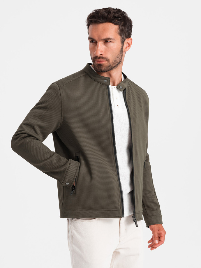Men's BIKER jacket in structured fabric - dark olive green V1 OM-JANP-0138