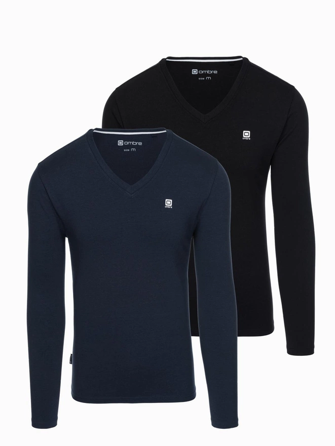 Set of men's SLIM FIT longsleeves with V neckline and logo 2-pack - navy blue/black mix V3 Z103