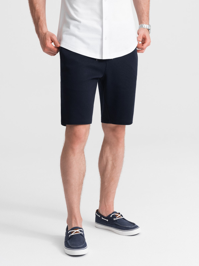 Men's knitted shorts with decorative elastic waistband - navy blue V1 OM-SRCS-0110