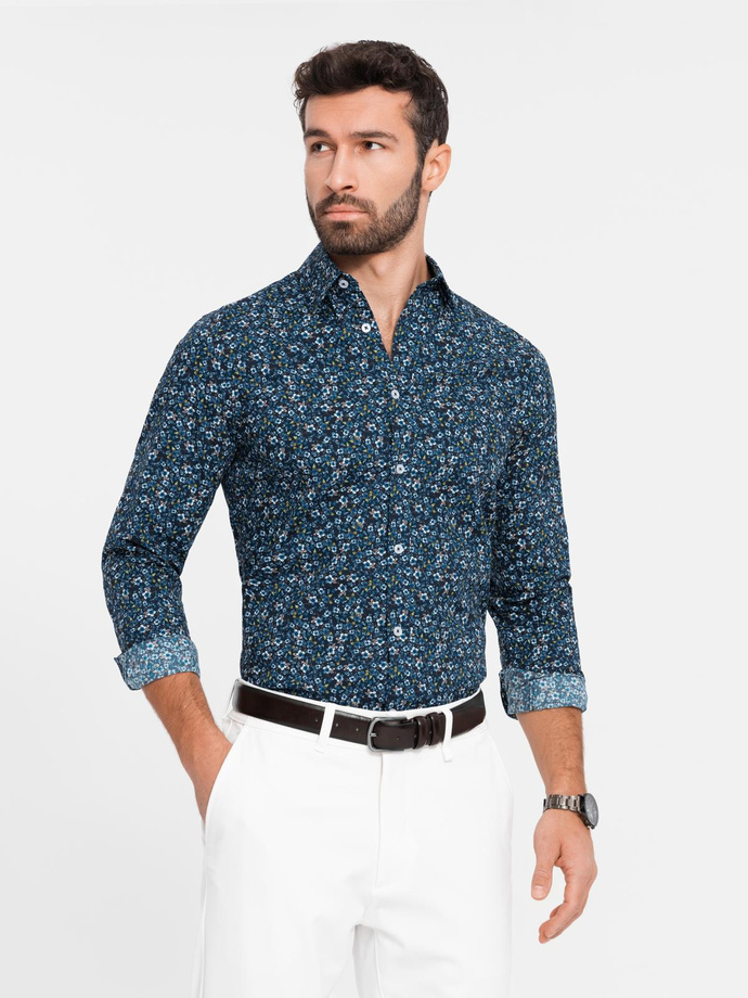 Men's SLIM FIT patterned cotton shirt - dark blue V1 OM-SHCS-0151