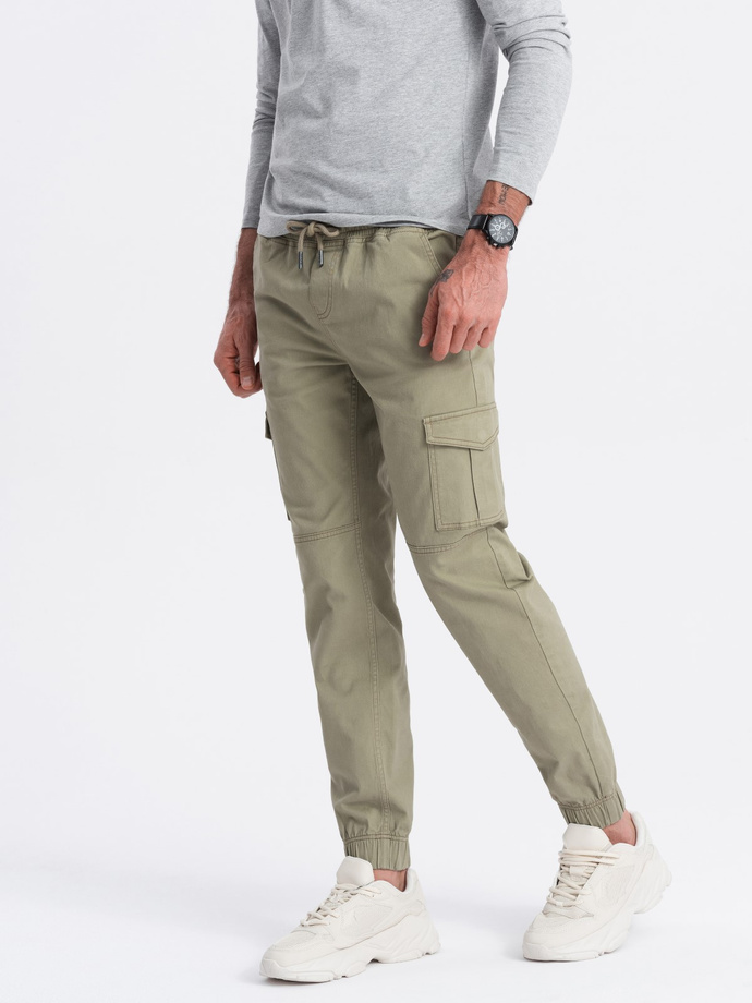 Men's JOGGERS pants with zippered cargo pockets - khaki V1 OM-PAJO-0123