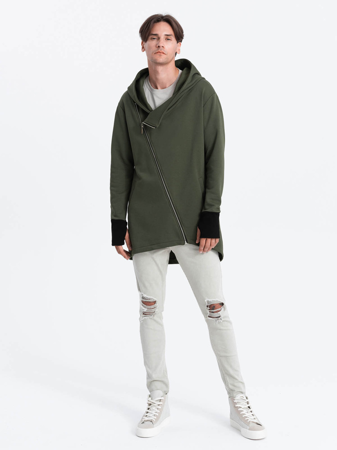 Asymmetrical men's sweatshirt with a spacious hood NANTES - dark olive green B1368