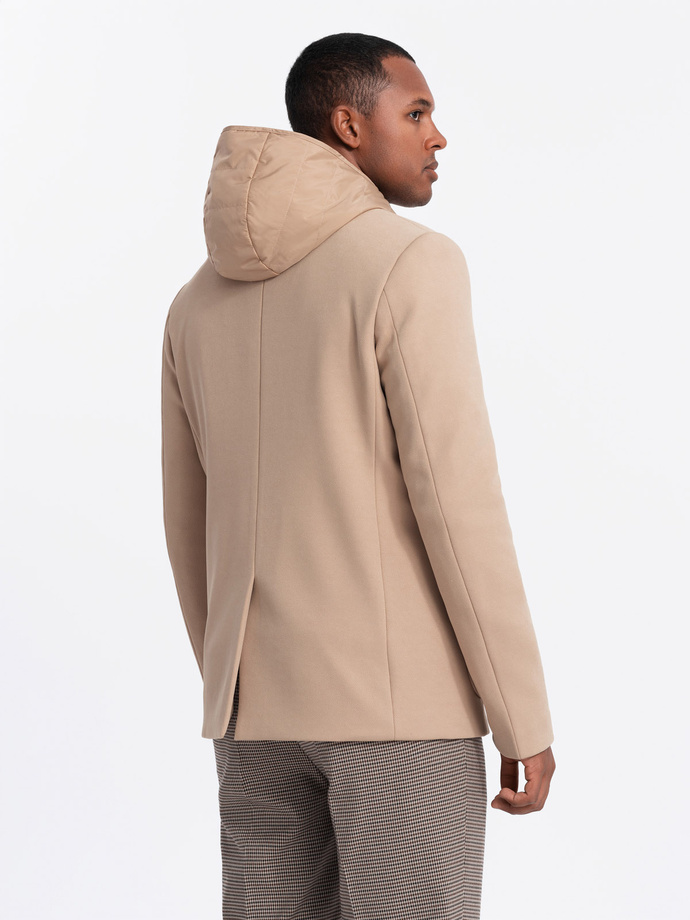 Men's jacket with high collar and hood - light brown V1 OM-BLZB-0133