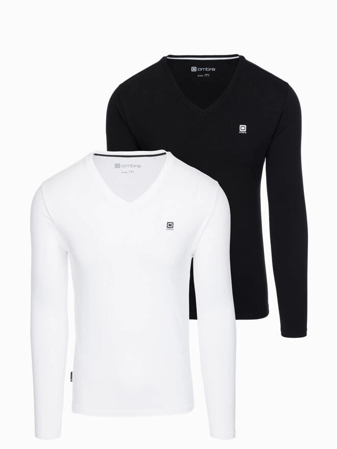 Set of 2x men's SLIM FIT longsleeve with V neckline and logo - mix white/black V4