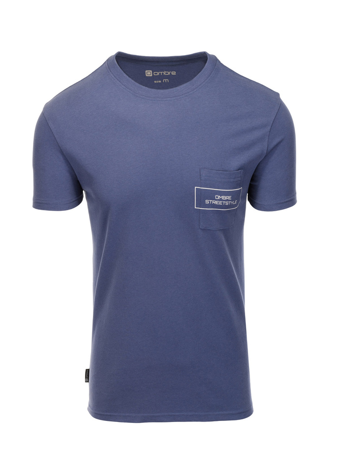 T-shirt męski bawełniany z nadrukiem na kieszonce - niebieski V9 S1742
