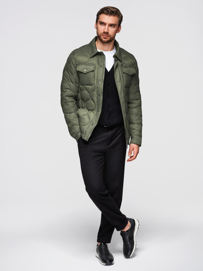 Men's quilted jacket in shirt cut - olive V2 OM-JALP-0215