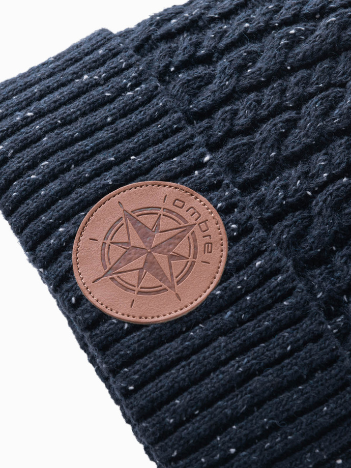 Men's beanie cap with round embossed patch - navy blue V2 OM-ACWH-0121