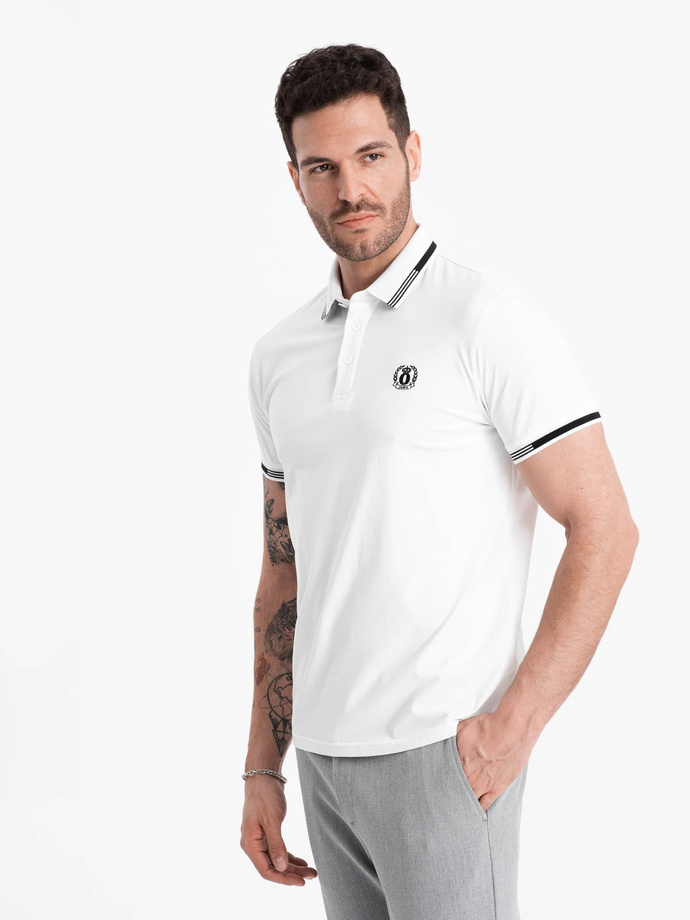Męska koszulka polo z elastanem z kontrastowymi elementami - biała V1 OM-POSS-0123