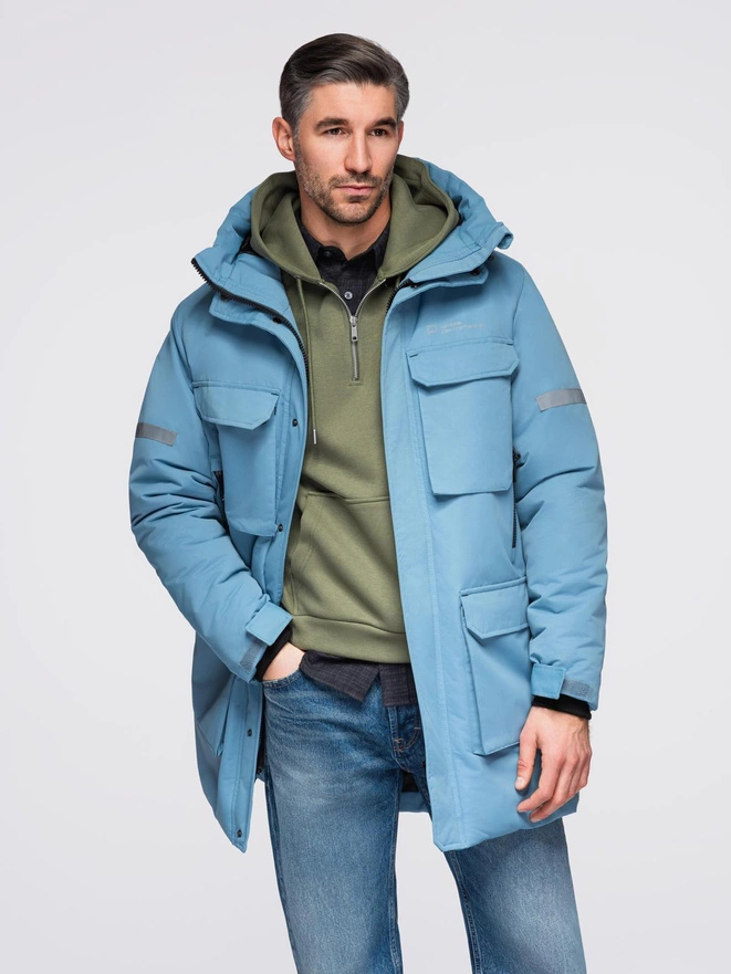 Ocieplana długa męska kurtka z odblaskowymi elementami – niebieska V4 OM-JALJ-0169