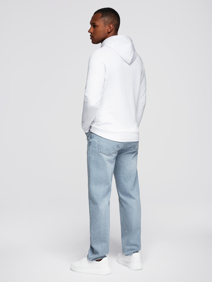 Nierozpinana męska bluza kangurka z kapturem i nadrukiem - biała V3 OM-SSPS-0158