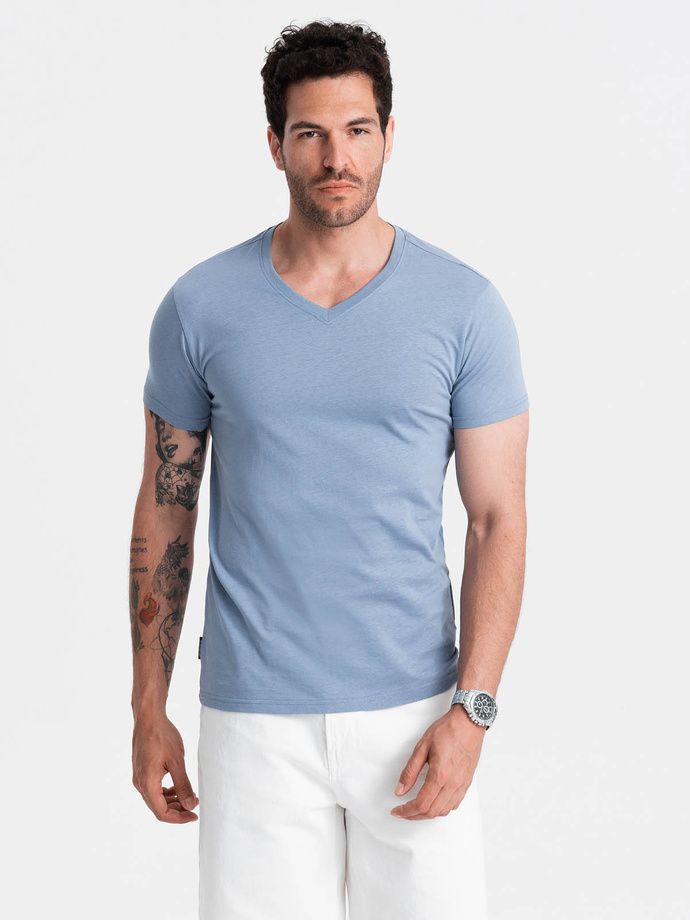 BASIC men's classic cotton T-shirt with a serape neckline - blue V20 OM-TSBS-0145