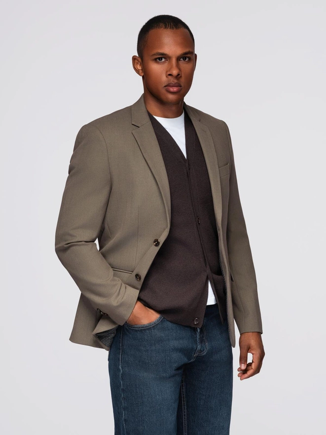 Men's elegant SLIM FIT jacket with rayon - olive V5 OM-BLZB-0135