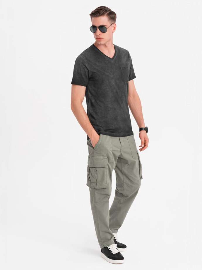 Męski bawełniany t-shirt V-neck z dzianiny z efektem sprania - czarny V6 OM-TSWT-0242