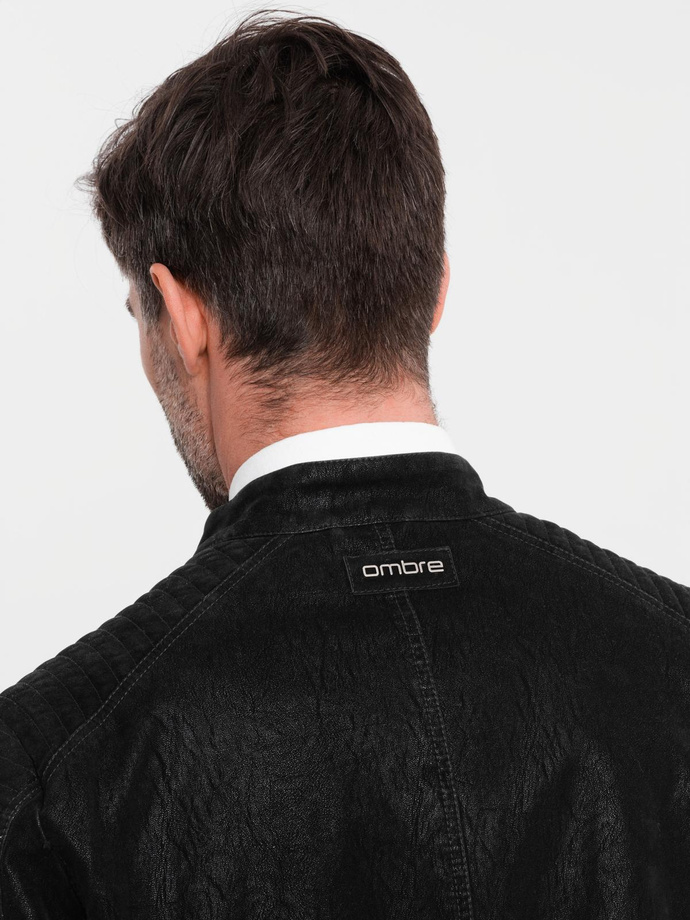 Men's retro-style biker jacket with stand-up collar - black V2 OM-JAFL-0197