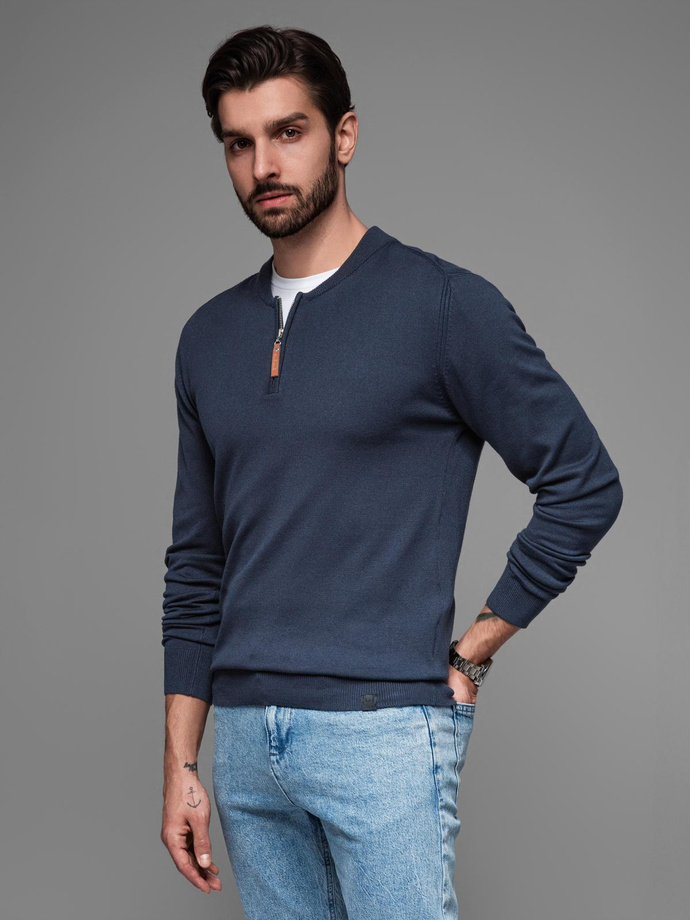 Men's sweater with viscose and spread neckline - navy blue V4 OM-SWZS-0124