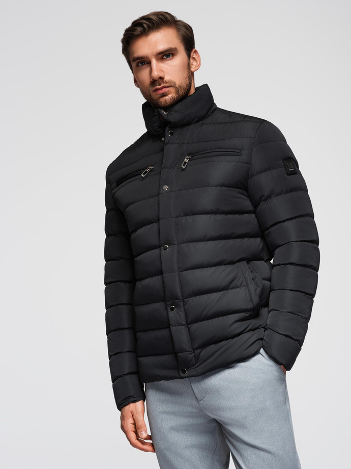 Men's quilted jacket with stand-up collar and chest zips - black V1 OM-JALP-0260