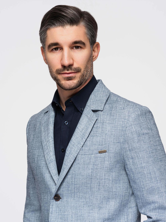 Men's REGULAR cut jacket with linen - light blue V3 OM-BLZB-0128