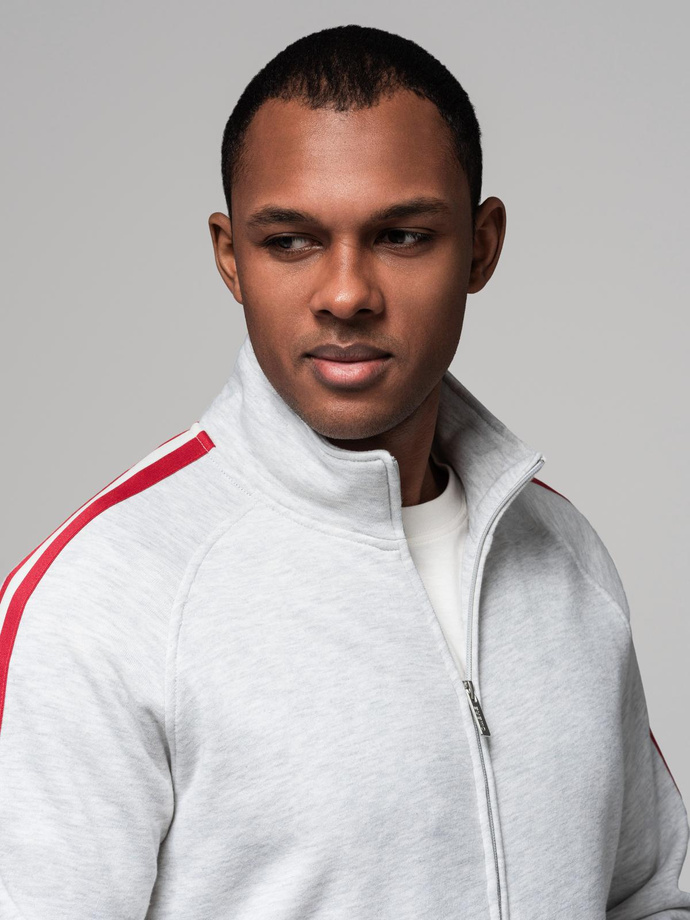 Męska bluza dresowa z wysokim kołnierzem i lampasami – szary melanż V1 OM-SSZP-0219