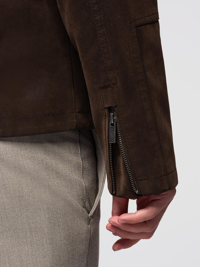 Men's stylish eco leather biker jacket with collar - dark brown V1 C637