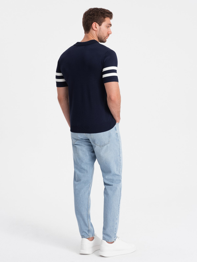 Men's soft knit polo shirt with contrasting stripes - navy blue V2 OM-POSS-0118