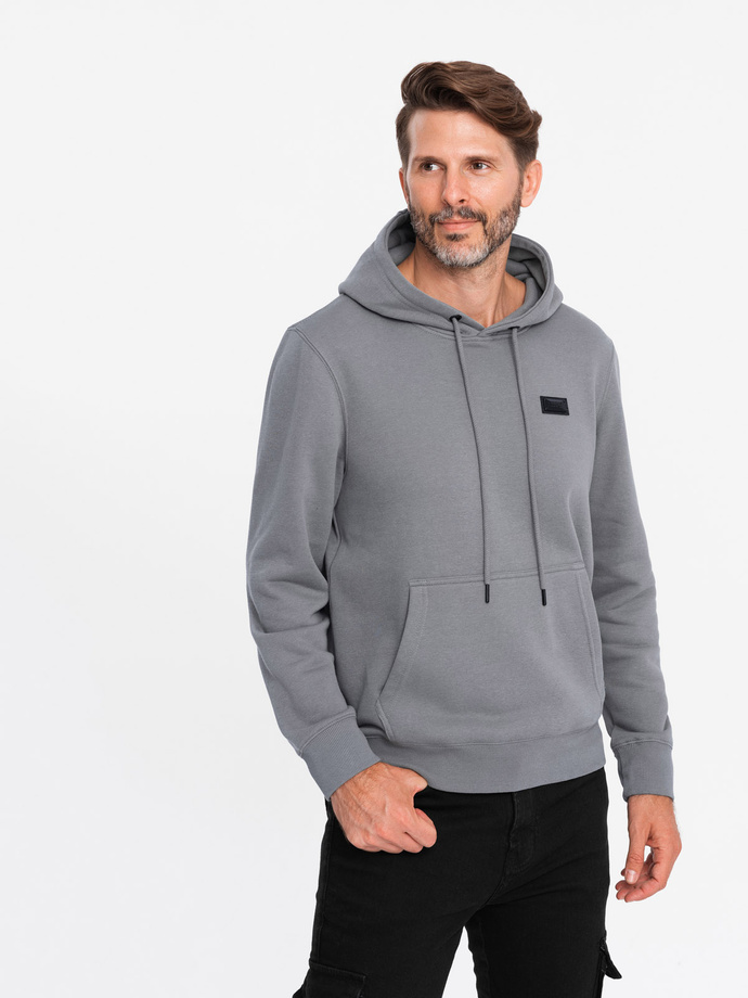 Men's kangaroo sweatshirt with hood and metal pin - grey V1 OM-SSNZ-0141