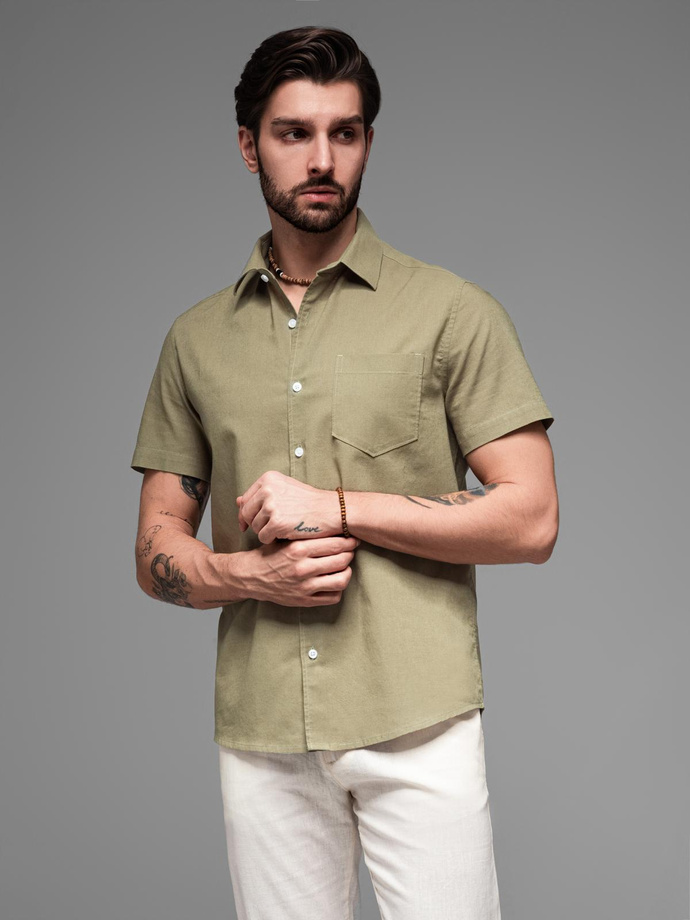 Men's short sleeve shirt with Cuban collar - dark beige V3 OM-SHSS-0168