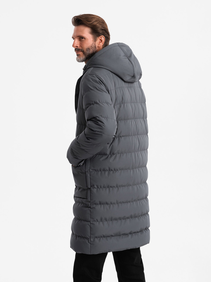 Men's long quilted jacket with lapels and lining - graphite V2 OM-JALJ-0177