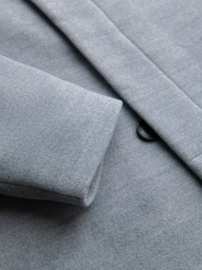 Płaszcz męski z wysokim kołnierzem i asymetrycznym zapięciem – szary melanż V1 OM-COWC-0141