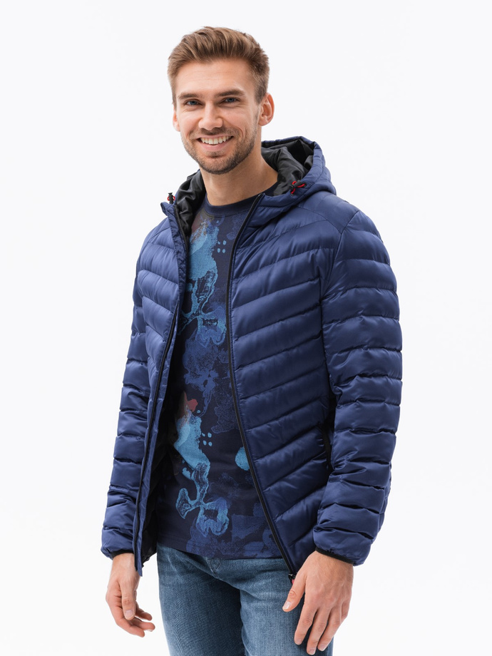 Men's quilted jacket with satin finish - dark blue V11 OM-JALP-0121