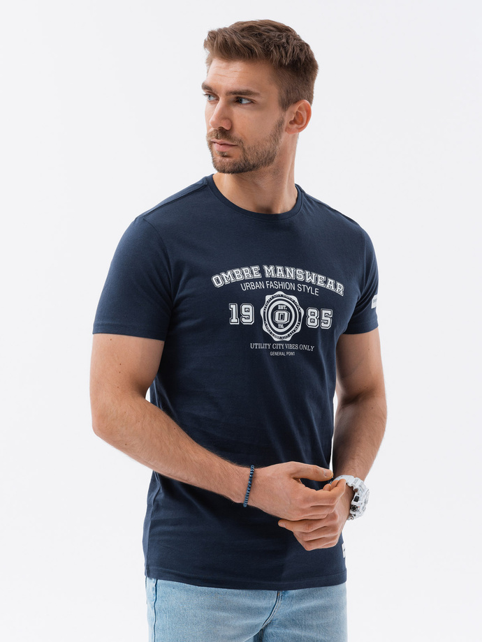 Men's printed cotton t-shirt - navy blue V3 S1748