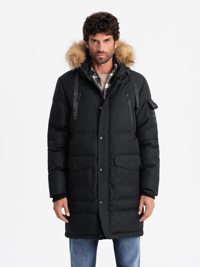 Men's long warm parka jacket with hood - black V2 OM-JALJ-0182