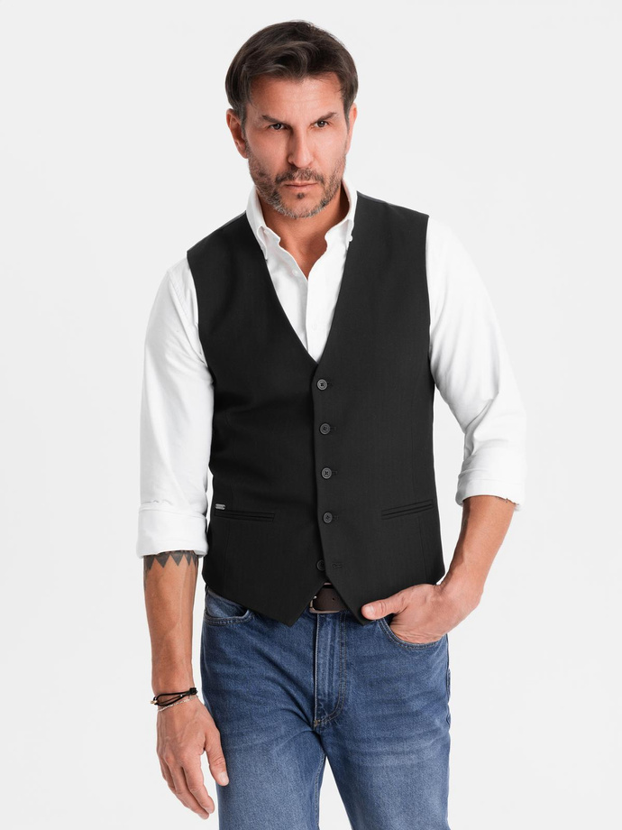 Elegancka męska kamizelka w jodełkę SLIM FIT  - czarna V3 OM-BLZV-0143