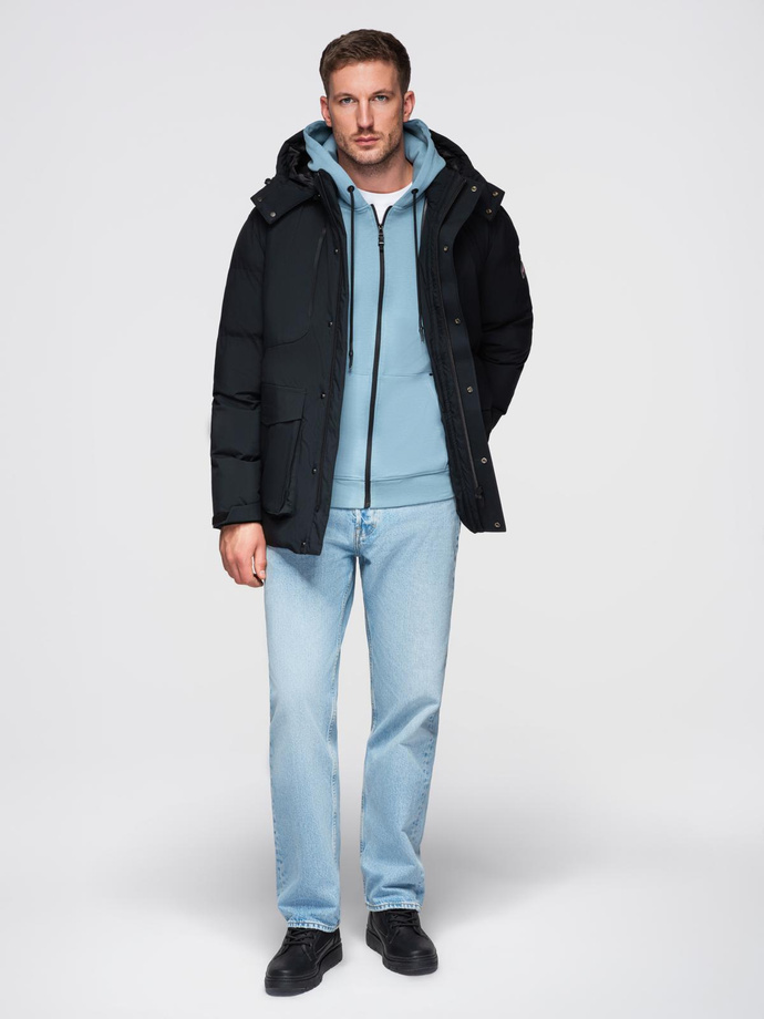 Zimowa kurtka męska z odpinanym kapturem z wodoodpornego materiału - czarna V3 OM-JAHP-0306