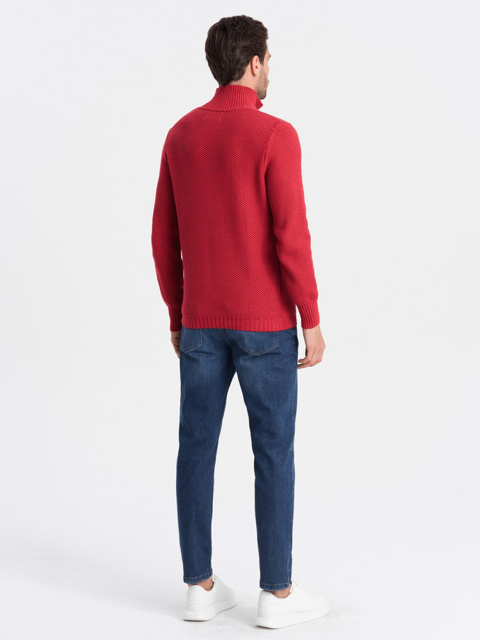 Men's knitted sweater with spread collar - red V8 OM-SWZS-0105