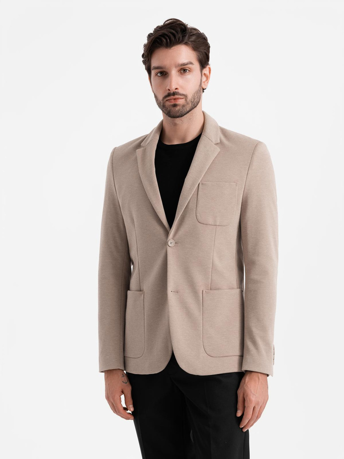 Elegant fitted men's structured knit blazer - beige V2 OM-BLZB-0129