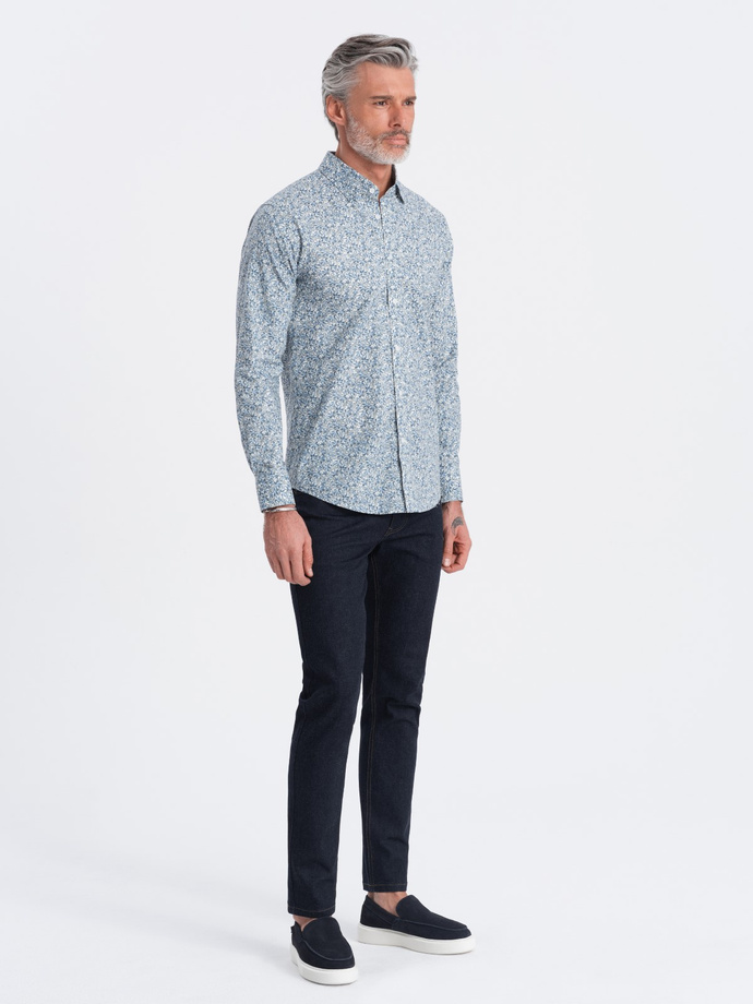 Men's SLIM FIT shirt in small leaf print - light blue V1 OM-SHPS-0163