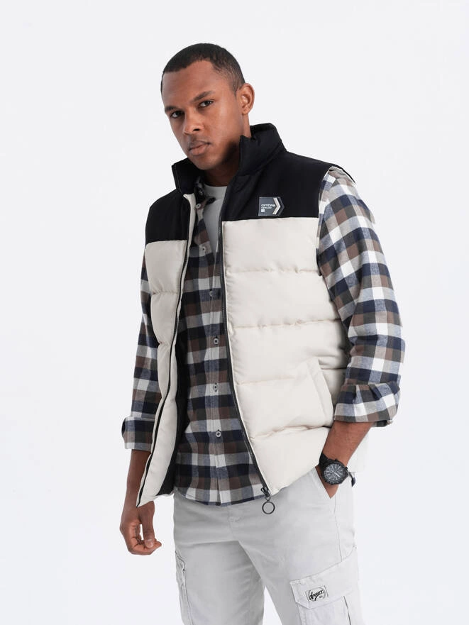 Men's contrast quilted sleeveless shirt - cream V1 OM-JAVJ-0161