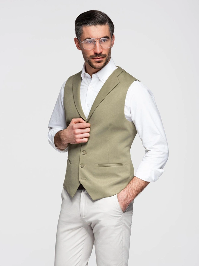 Fitted men's structured knit vest with lapels - olive V1 OM-BLZV-0144