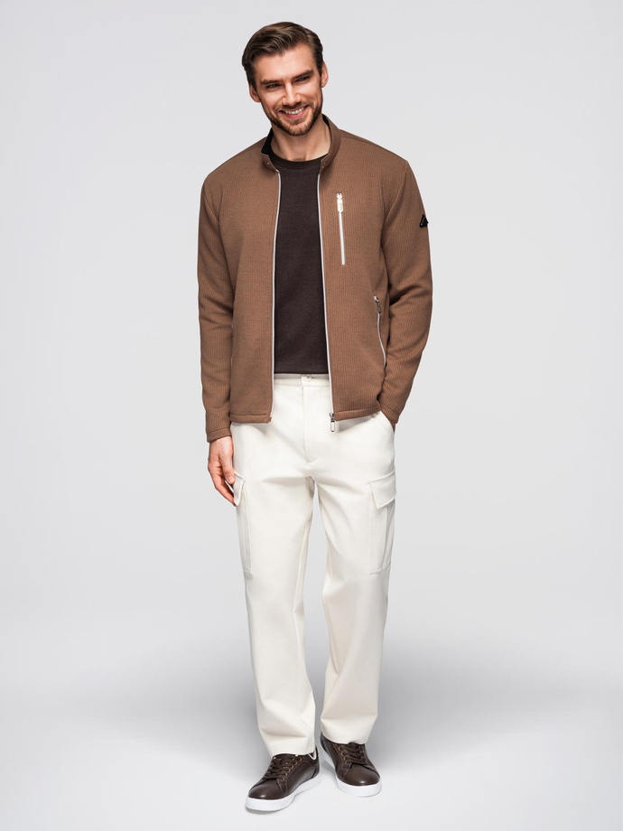 Męska strukturalna kurtka biker ze stójką  – brązowa V2 OM-JANP-0229