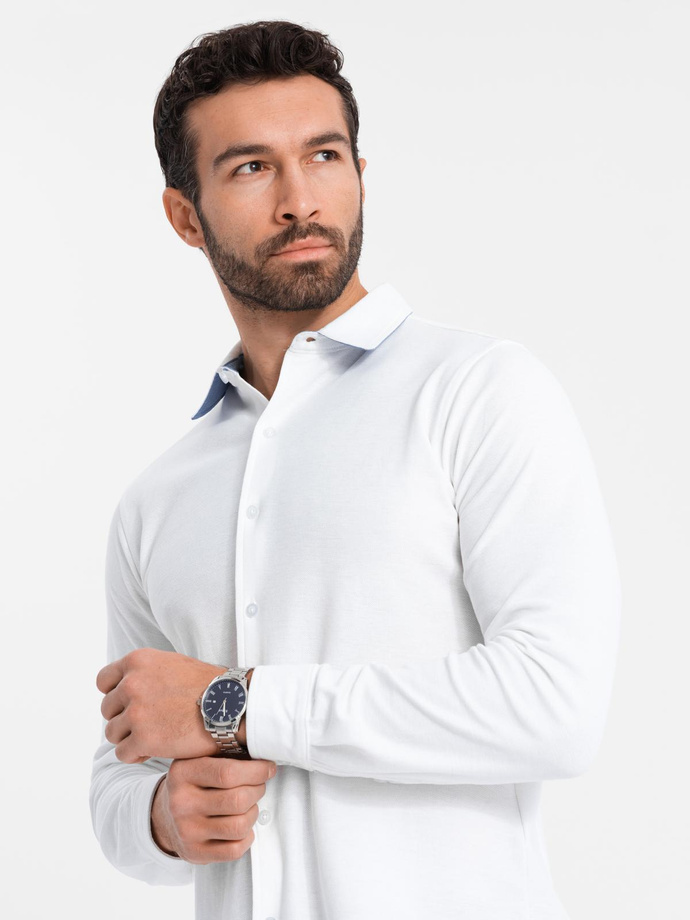 Men's knitted SLIM FIT long sleeve shirt - white V1 OM-SHCS-0177
