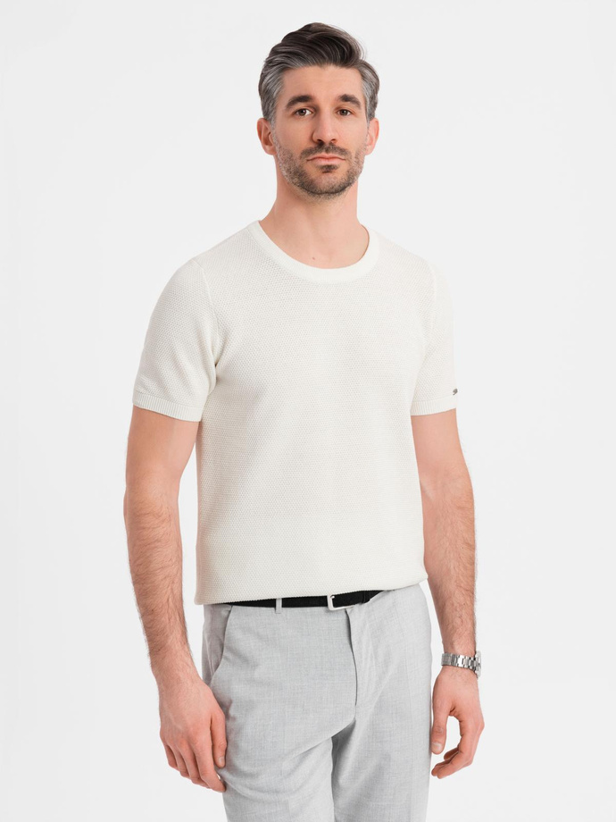 Men's knitted t-shirt with fine texture - white V1 OM-TSCT-0244
