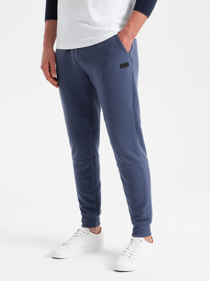 Men's sweatpants with ottoman fabric inserts - dark blue V2 OM-PASK-0127