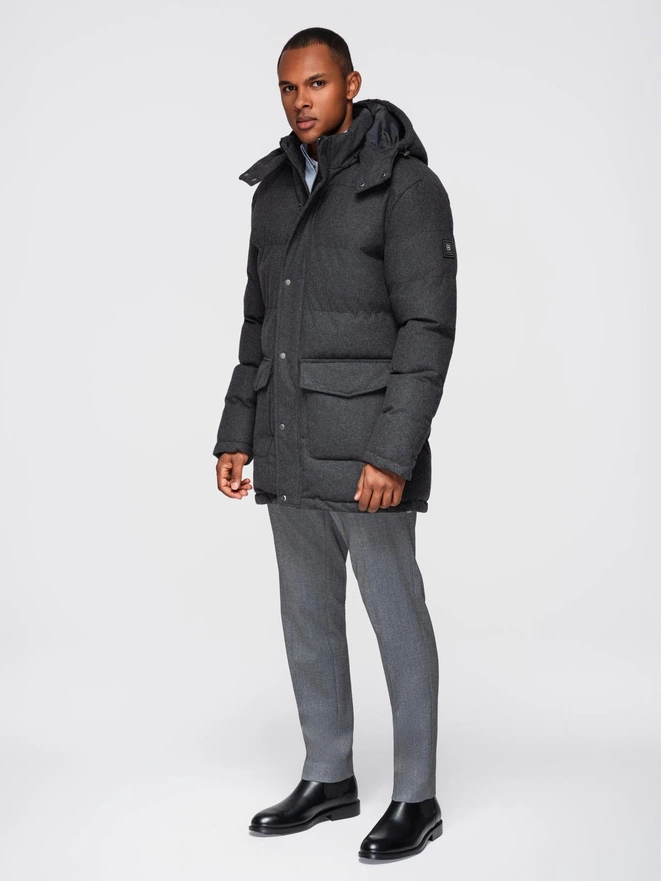 Men's long warm parka jacket with wool - black melange V2 OM-JALJ-0217