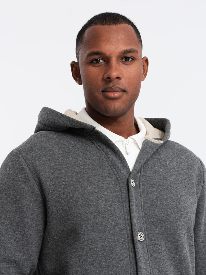 Men's button-down hooded sweatshirt - graphite melange V4 OM-SSZP-0186