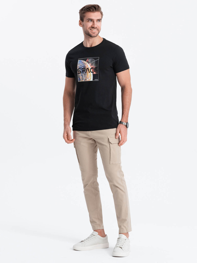 Men's space print cotton t-shirt - black V1 S1755